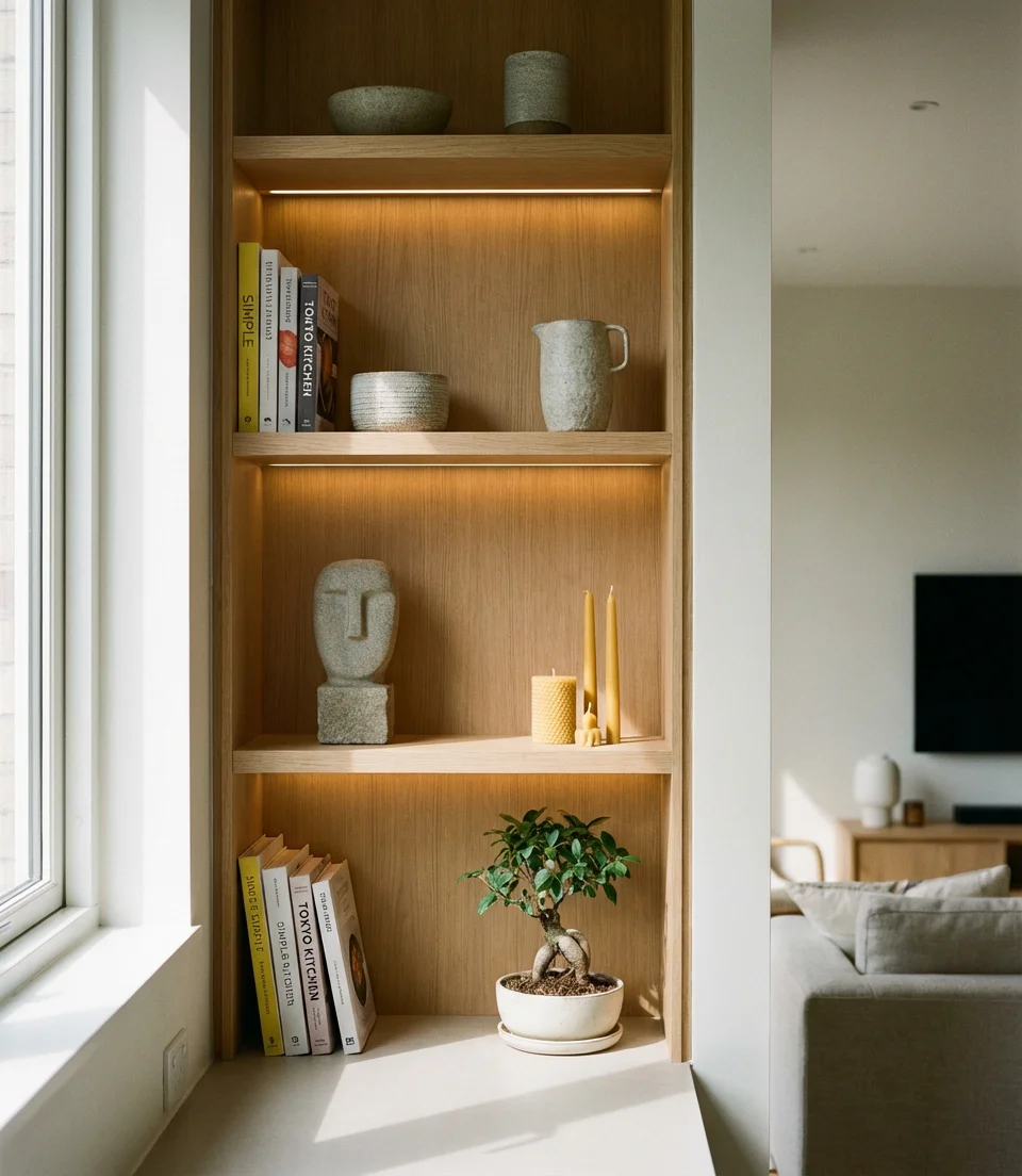 Japandi-Inspired Open Plan with Integrated Shelving 2