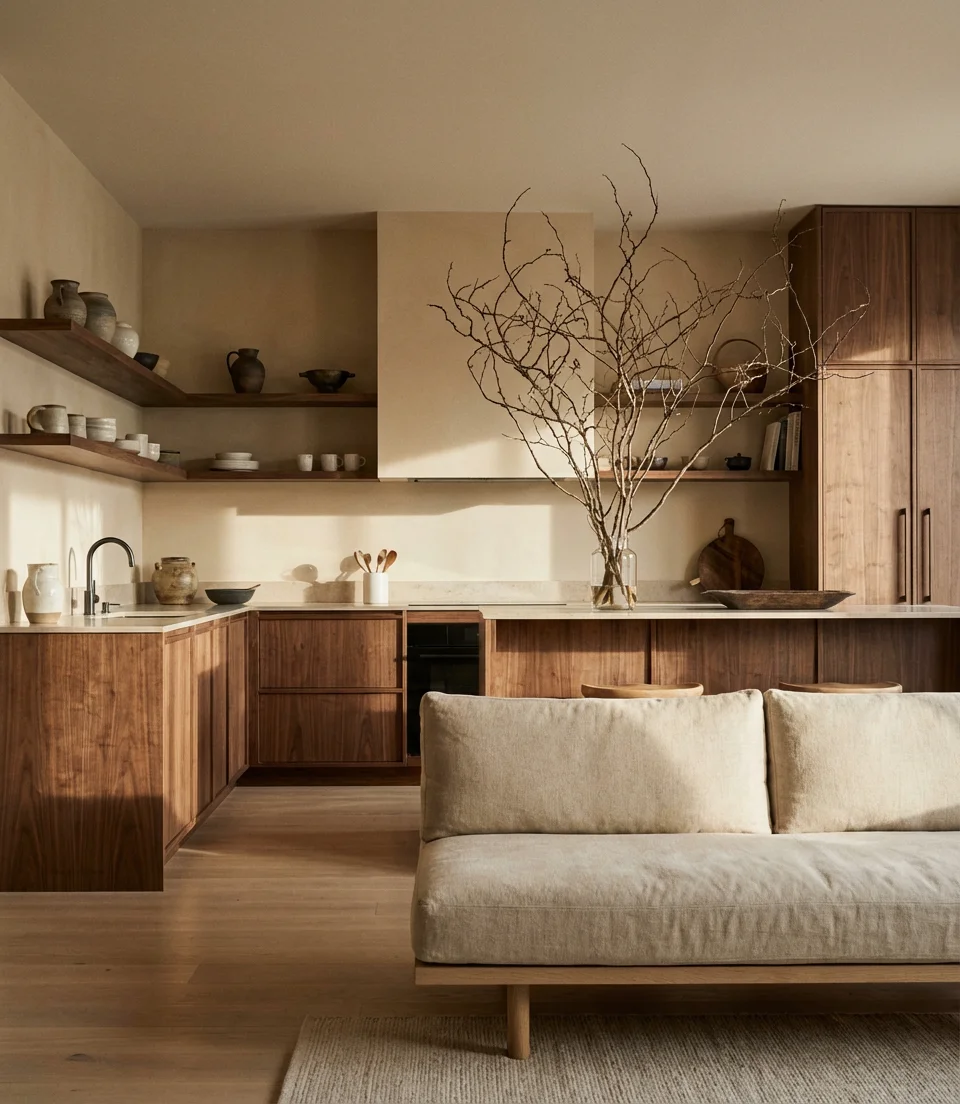Japandi Kitchen-Living Room with Warm Neutral Tones 1