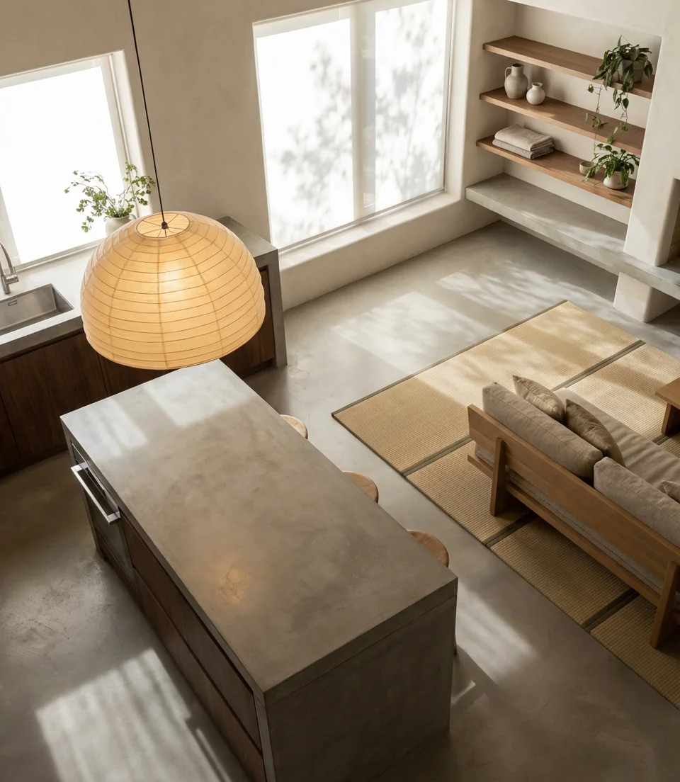 Japandi Kitchen-Living Room with Warm Neutral Tones 2