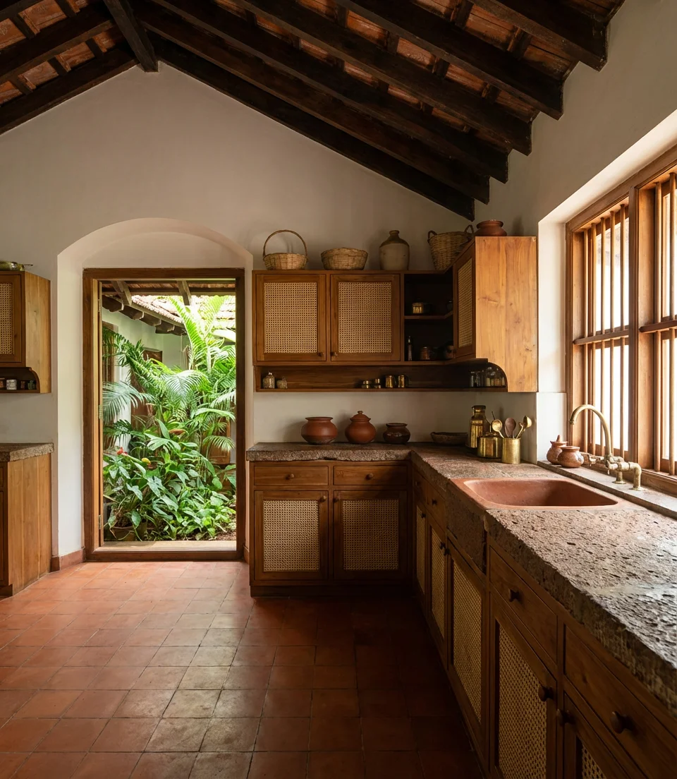 Kerala Style Open Kitchen with Natural Materials 1