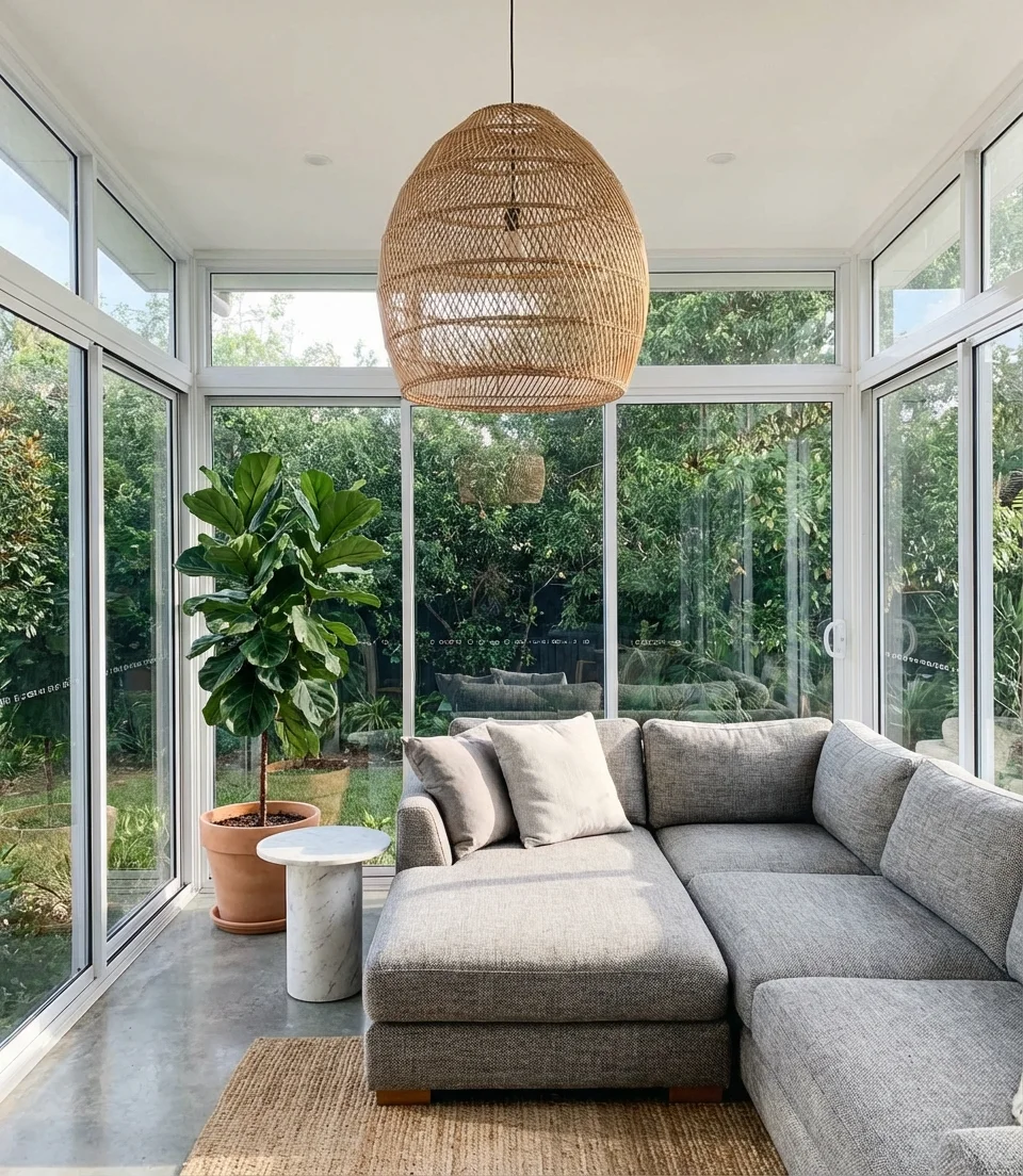 Large Sunroom with Sectional Seating and Statement Lighting 1