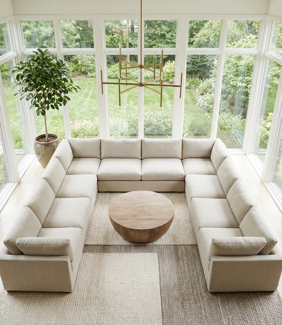 Large Sunroom with Sectional Seating and Statement Lighting 2