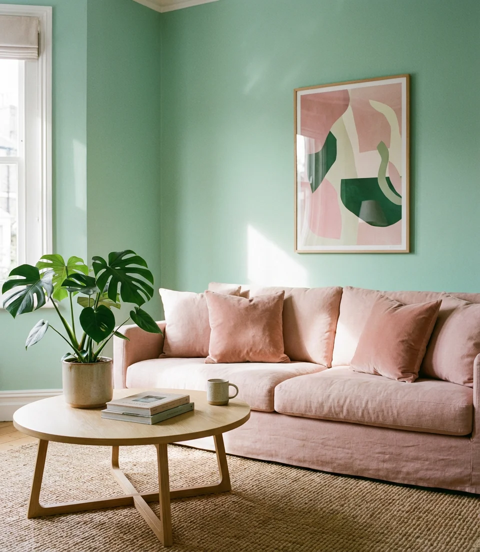 Light Green and Pink Playful Living Room 1