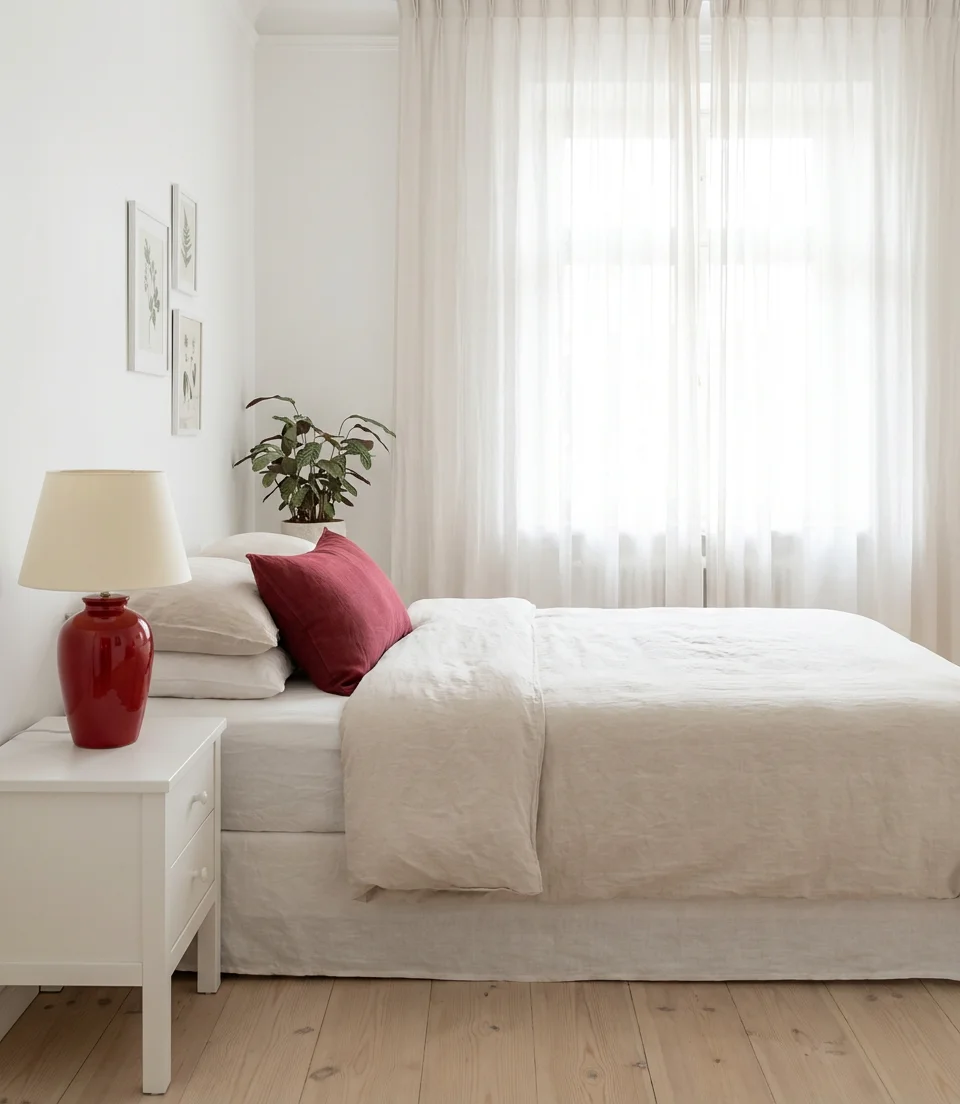 Light and Airy Red Bedroom With Neutral Anchors 1