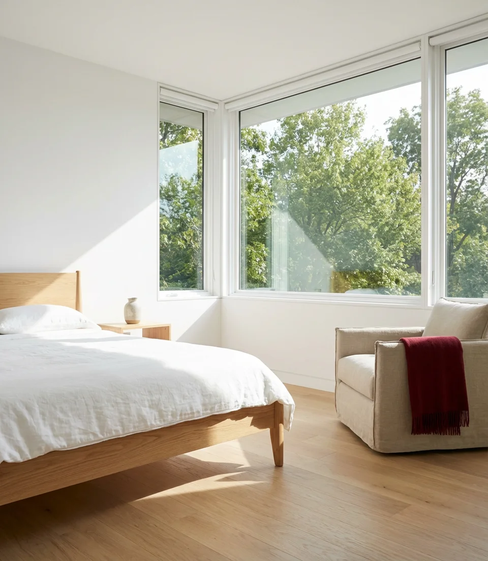 Light and Airy Red Bedroom With Neutral Anchors 2