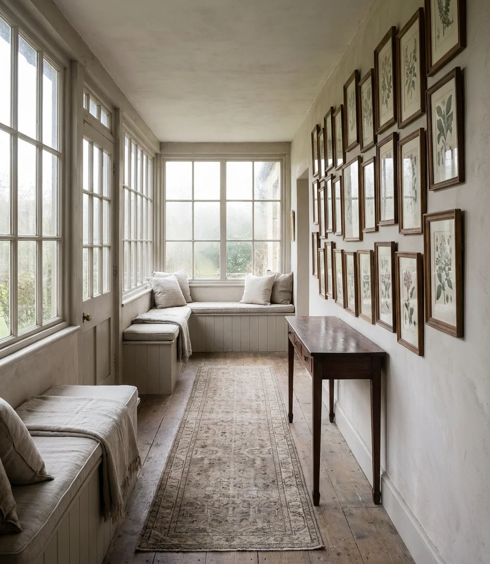 Long Narrow Sunroom with Gallery Wall and Linear Furniture Arrangement 1