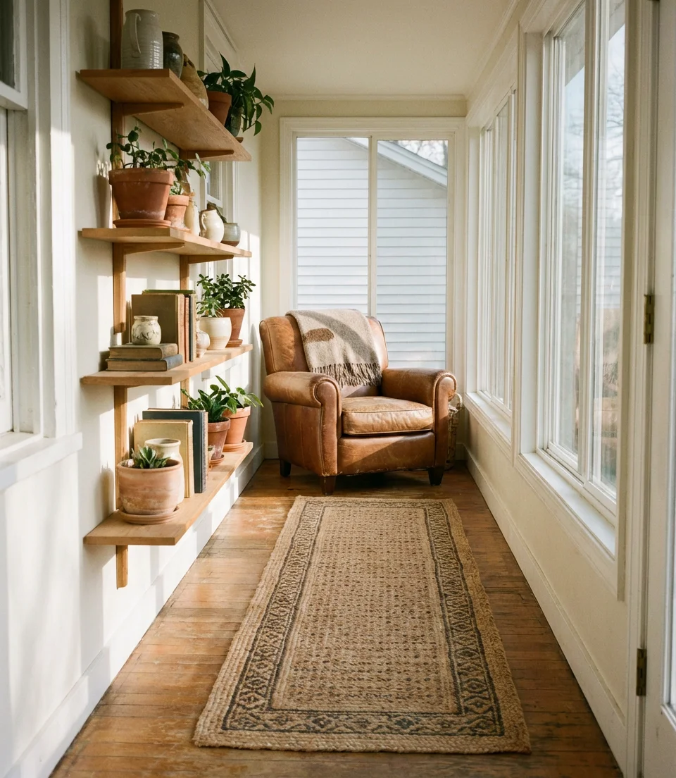 Long Narrow Sunroom with Gallery Wall and Linear Furniture Arrangement 2