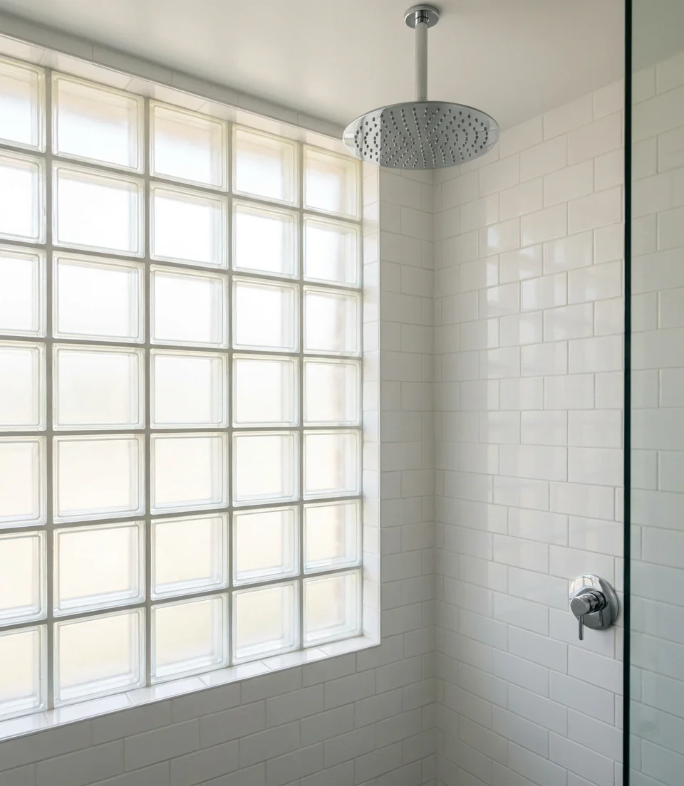 Main Bathroom Shower with Glass Block Window and Rainfall Head 1