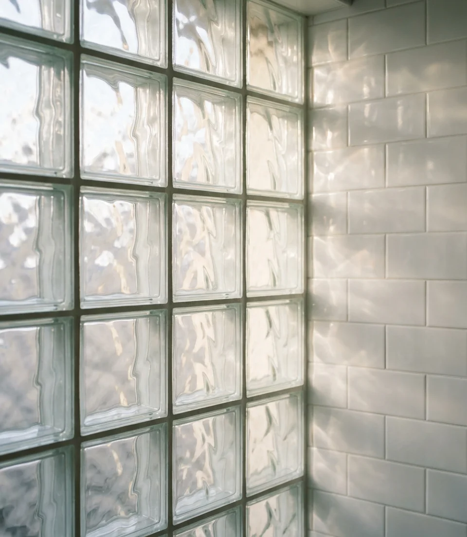 Main Bathroom Shower with Glass Block Window and Rainfall Head 2