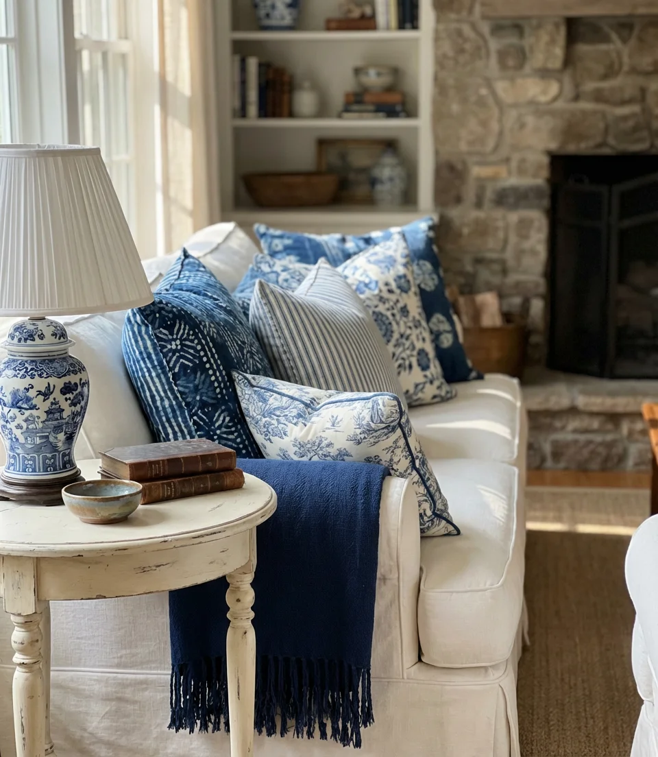 Maximalist Blue and White Living Room with Layered Patterns 2