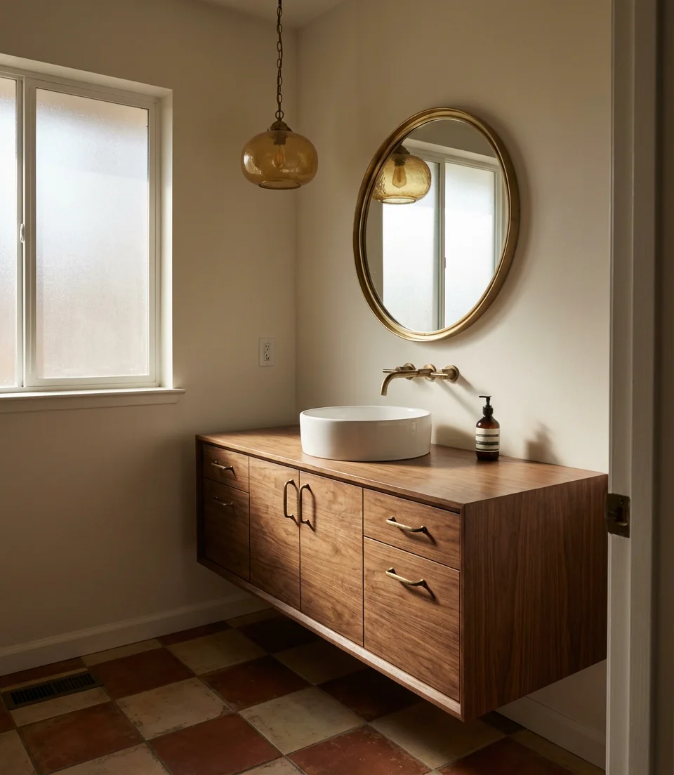 Mid Century Modern Vanity with Warm Wood Tones 2