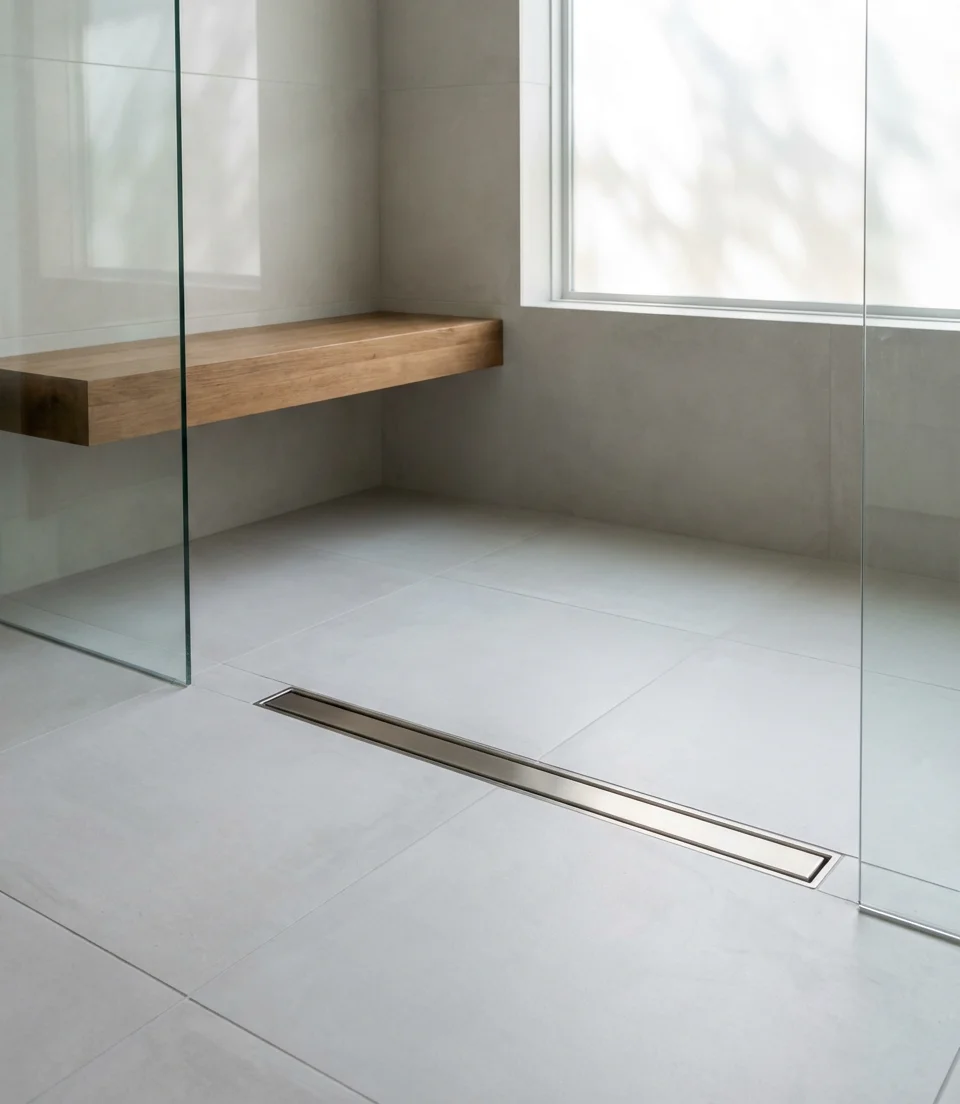Minimalist Shower with Hidden Drain and Floating Bench 1