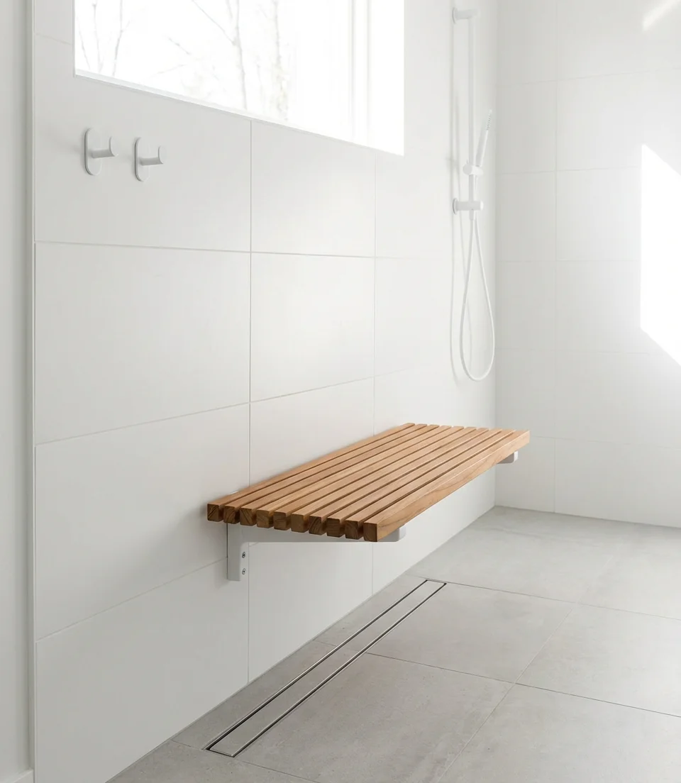 Minimalist Shower with Hidden Drain and Floating Bench 2