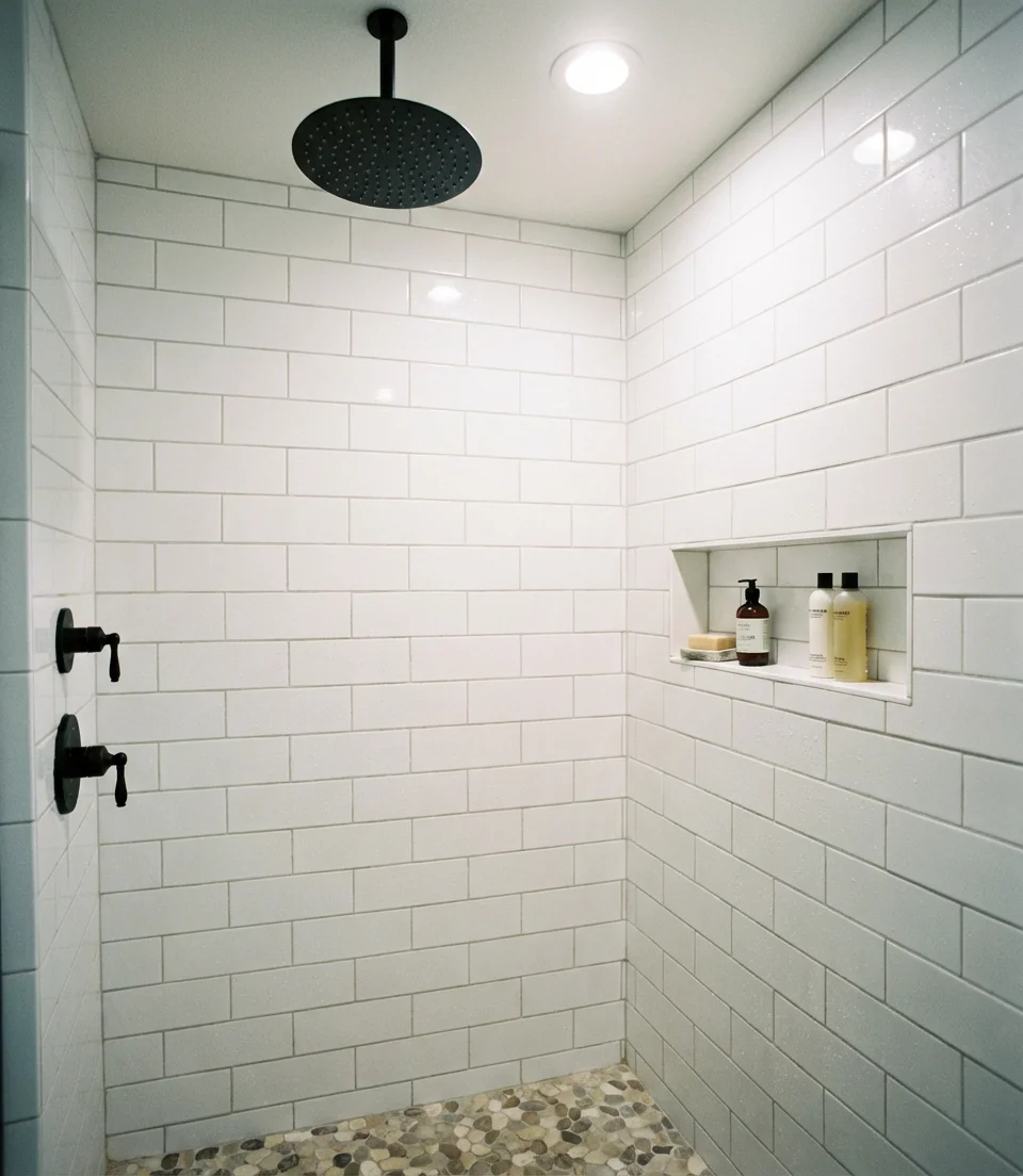 Minimalist White Subway Tile with Black Fixtures 1