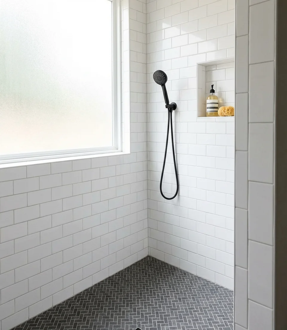 Minimalist White Subway Tile with Black Fixtures 2