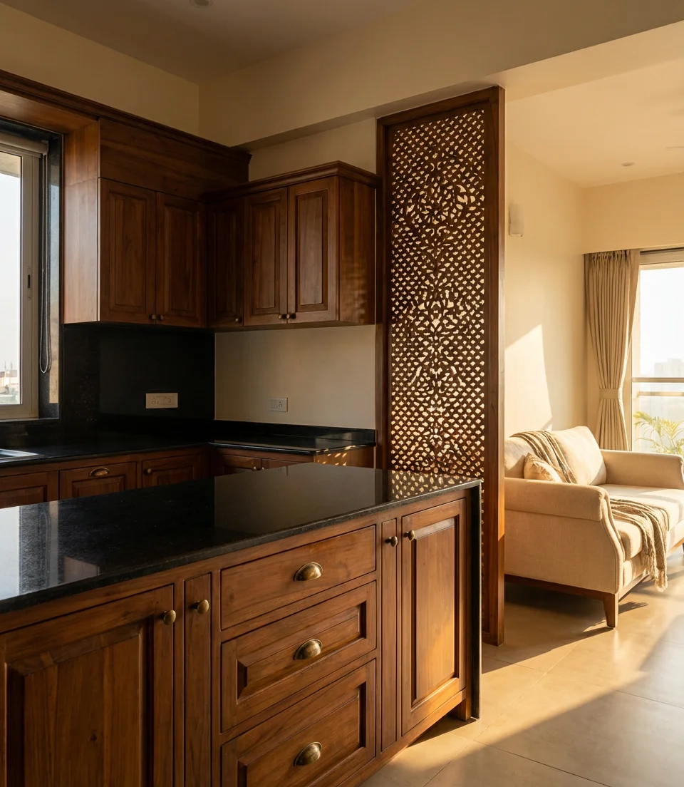 Modern Indian Style Open Kitchen with Living Room 1