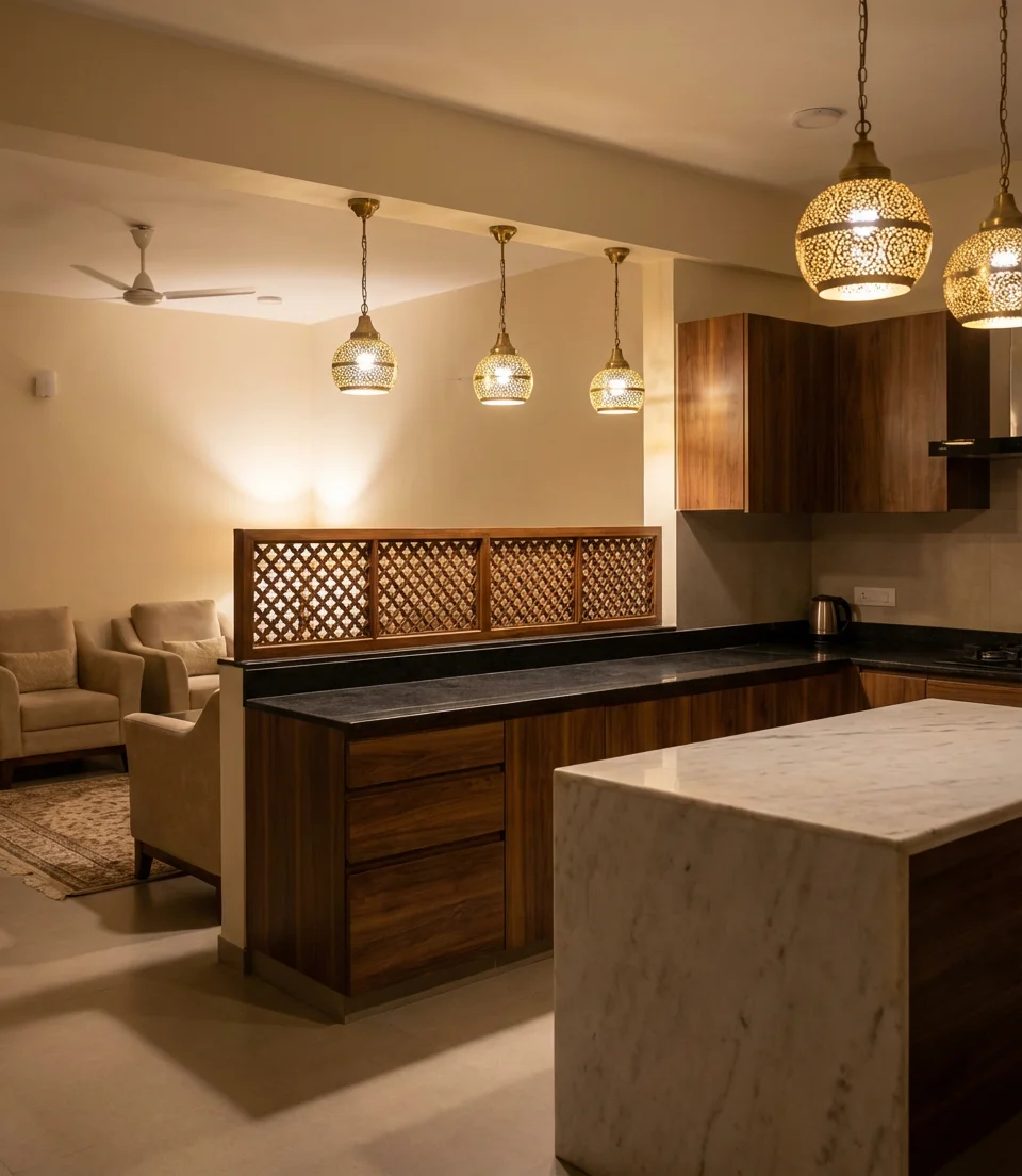Modern Indian Style Open Kitchen with Living Room 2