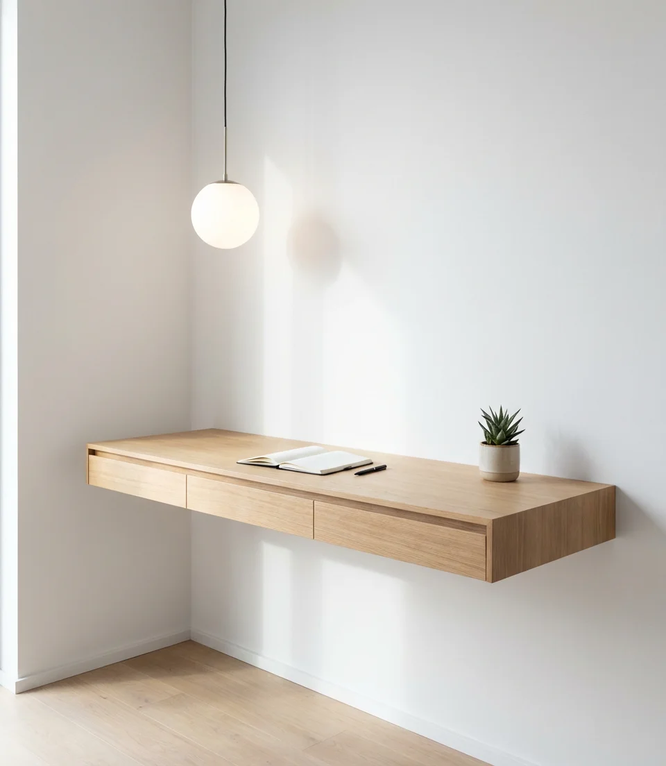 Modern Minimalist Office with Floating Desk and Hidden Storage 1