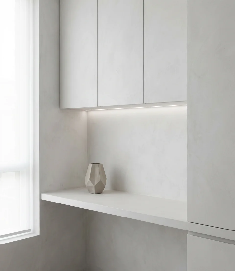 Modern Minimalist Office with Floating Desk and Hidden Storage 2