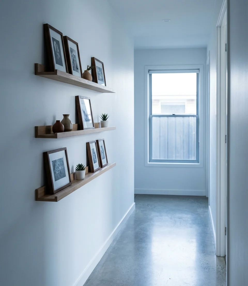 Modern Narrow Hallway with Floating Ledge Shelves 1