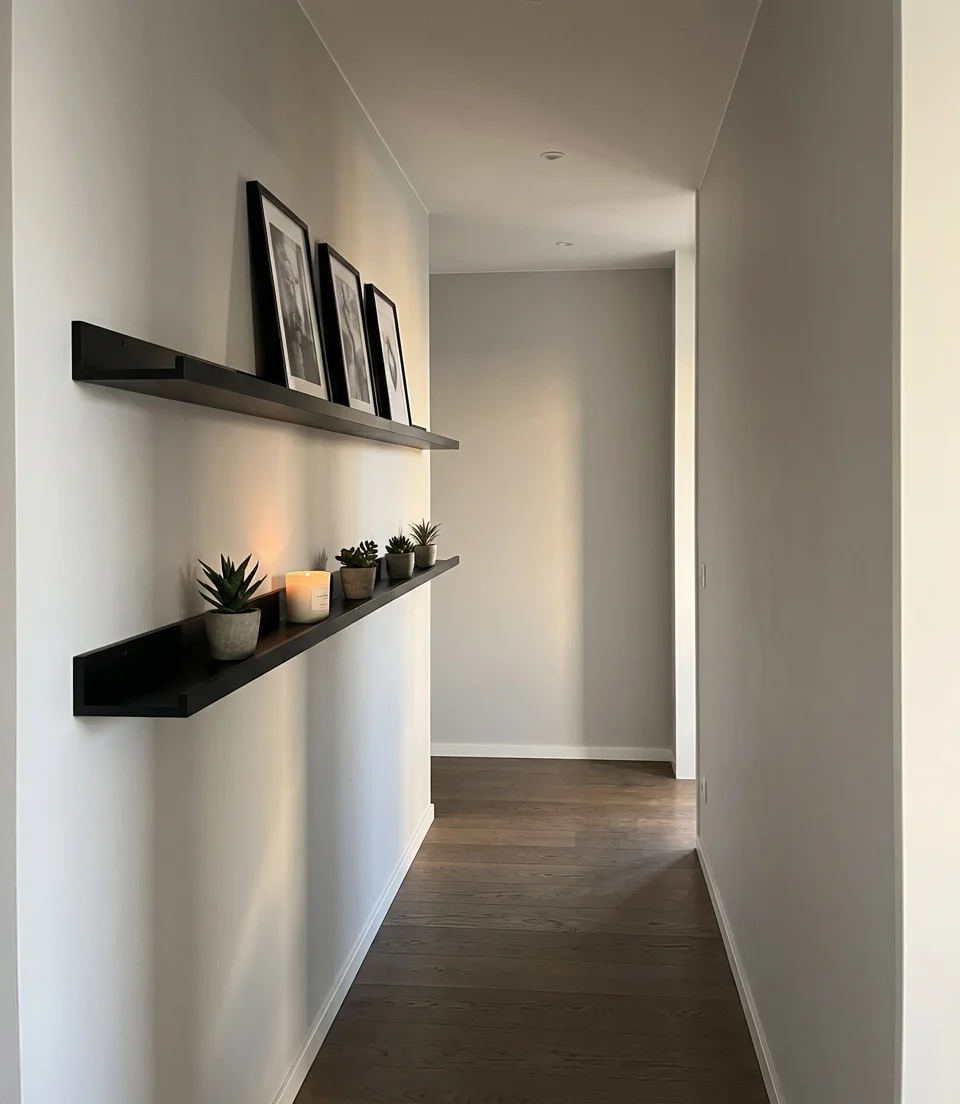 Modern Narrow Hallway with Floating Ledge Shelves 2