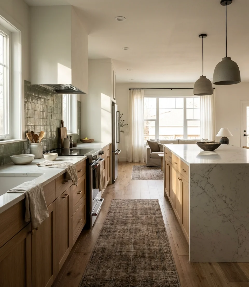 Modern Open Plan Kitchen with Tile Backsplash Feature 1