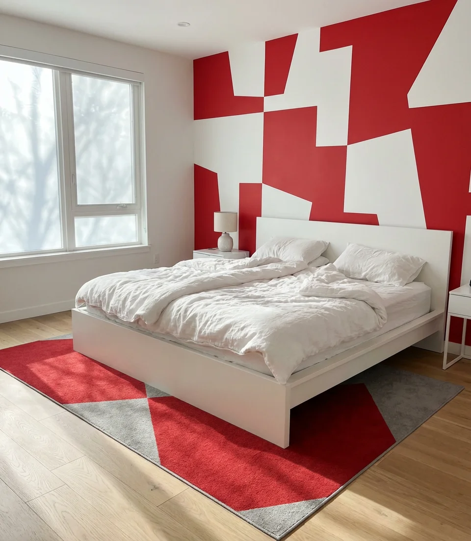 Modern Red Bedroom With Geometric Patterns 1