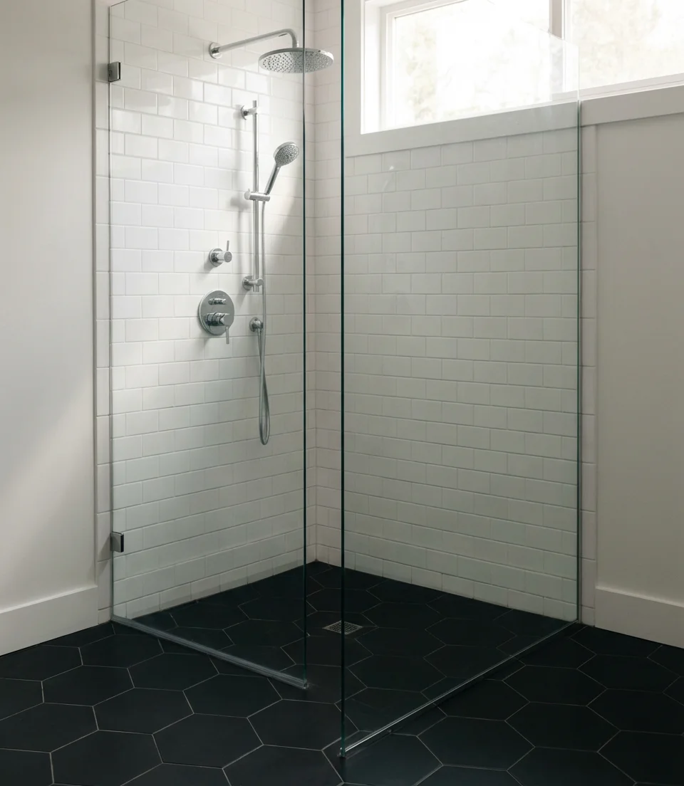 Modern Shower with Black Hex Tile Floor 1