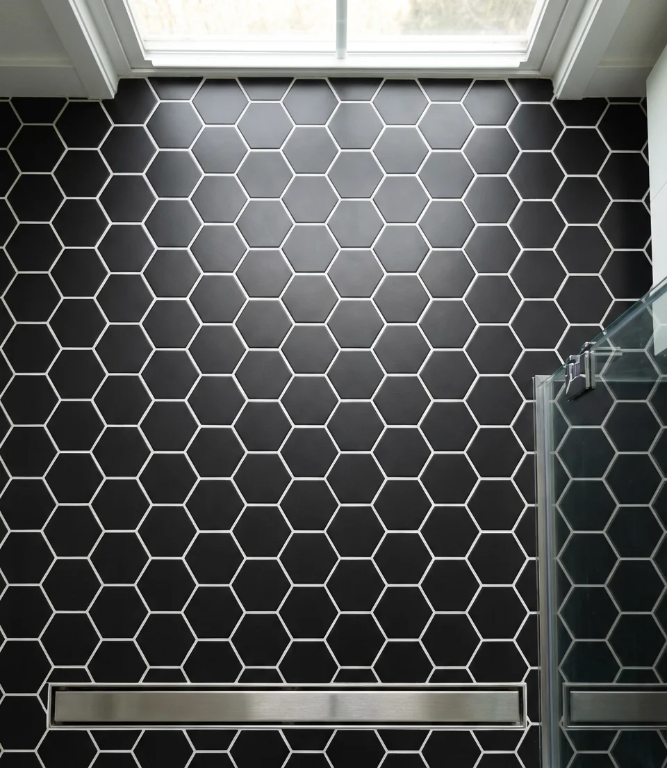Modern Shower with Black Hex Tile Floor 2