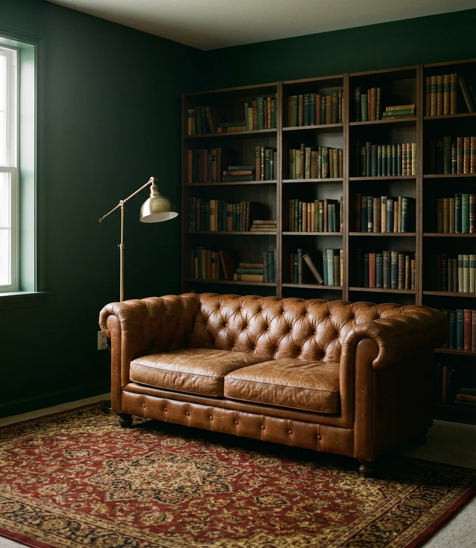 Moody Dark Green Walls with Brown Leather 1