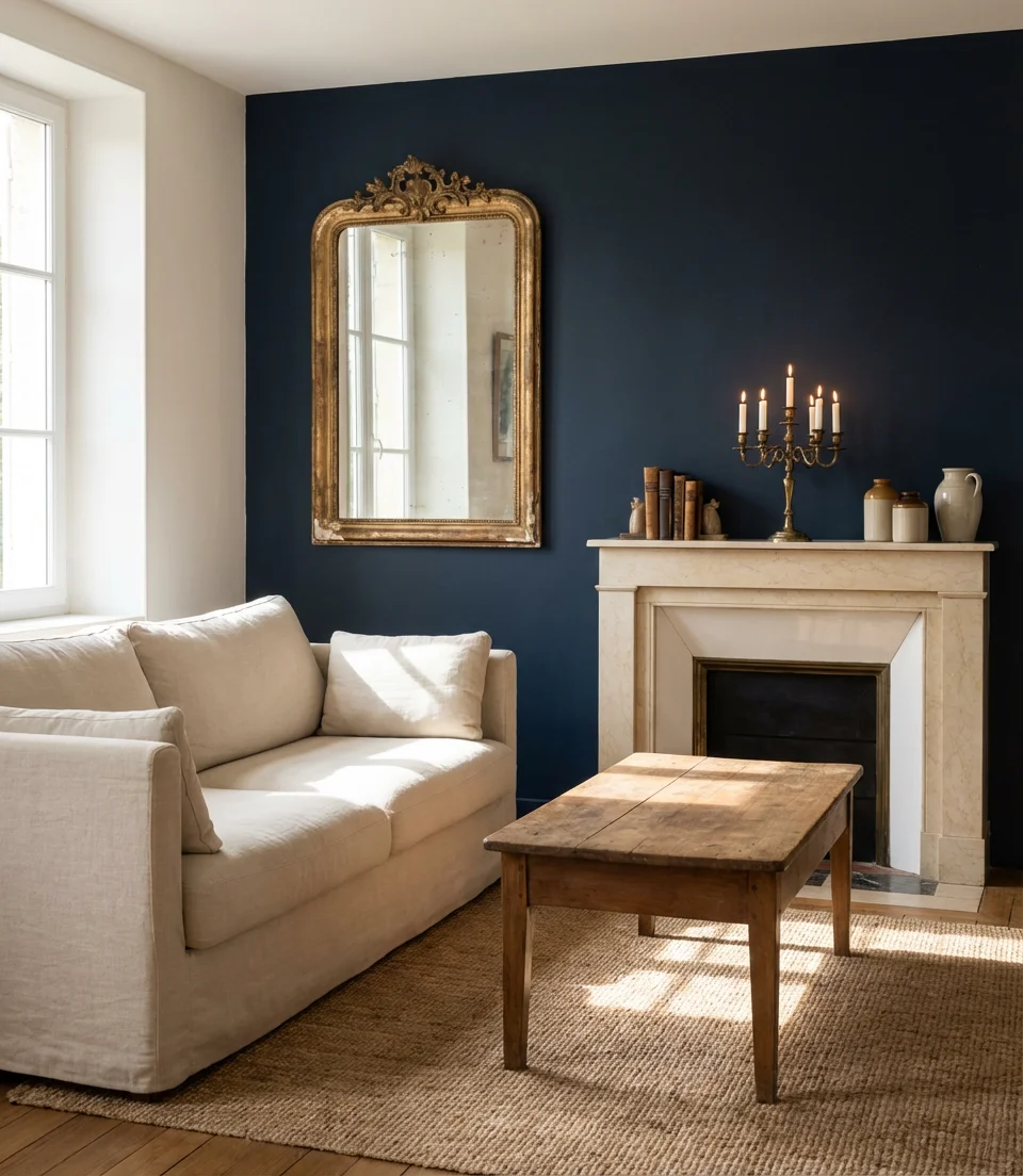 Moody Navy Blue Accent Walls with Antique Mirrors 1