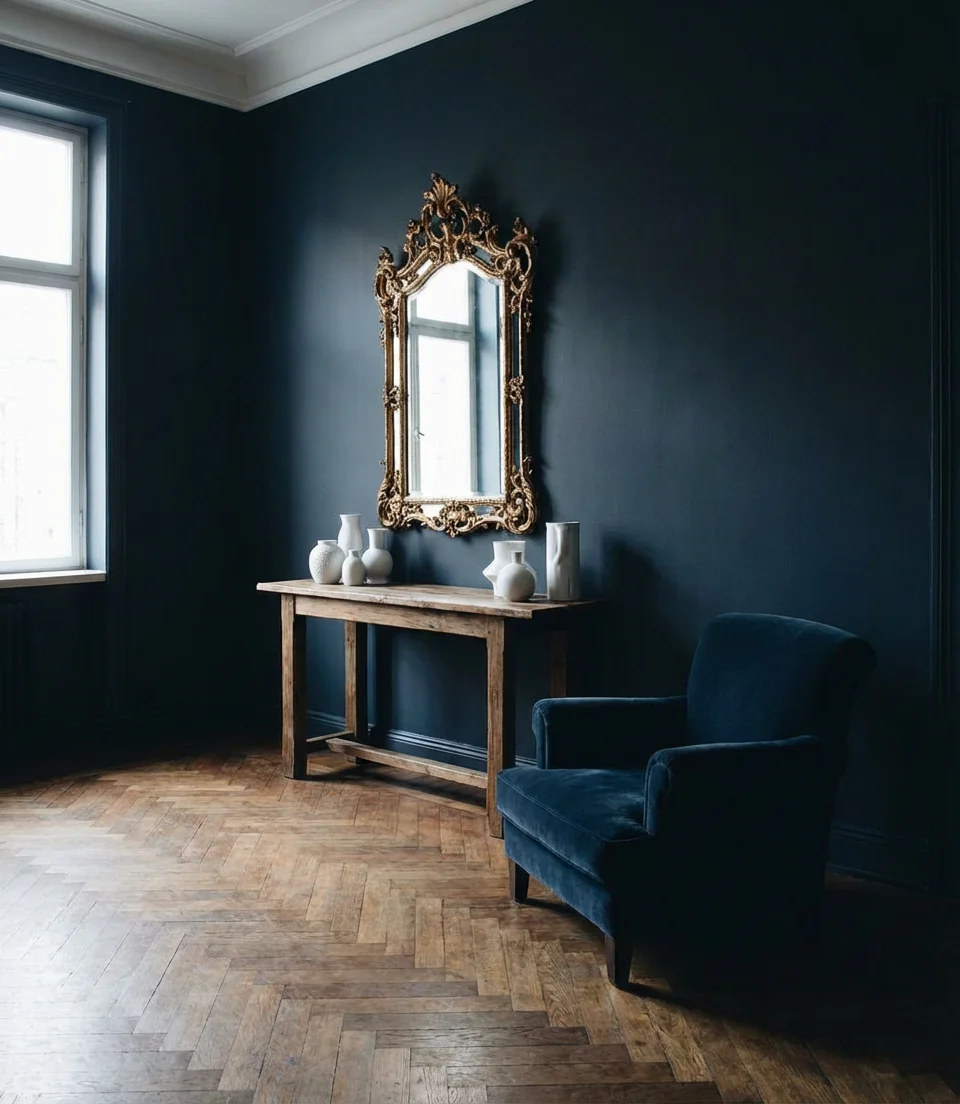 Moody Navy Blue Accent Walls with Antique Mirrors 2