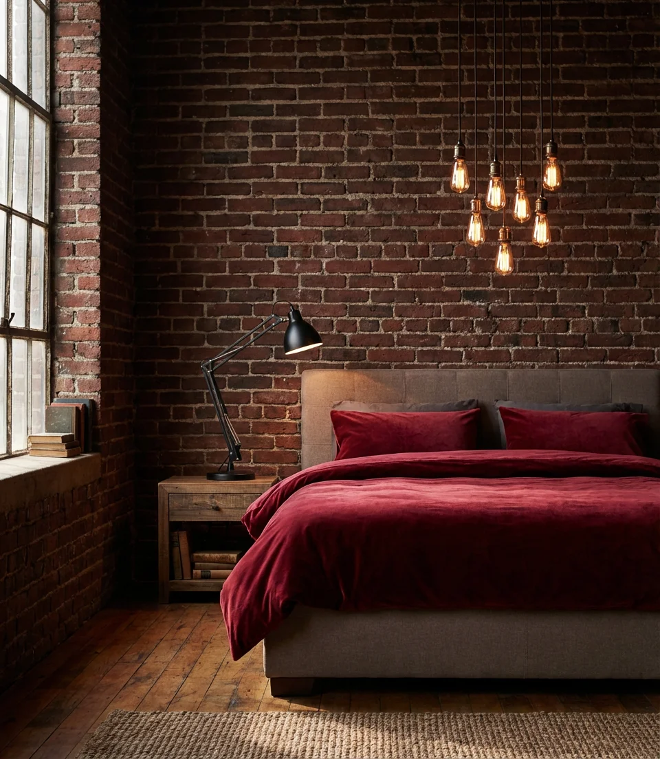 Moody Red Bedroom With Exposed Brick 1