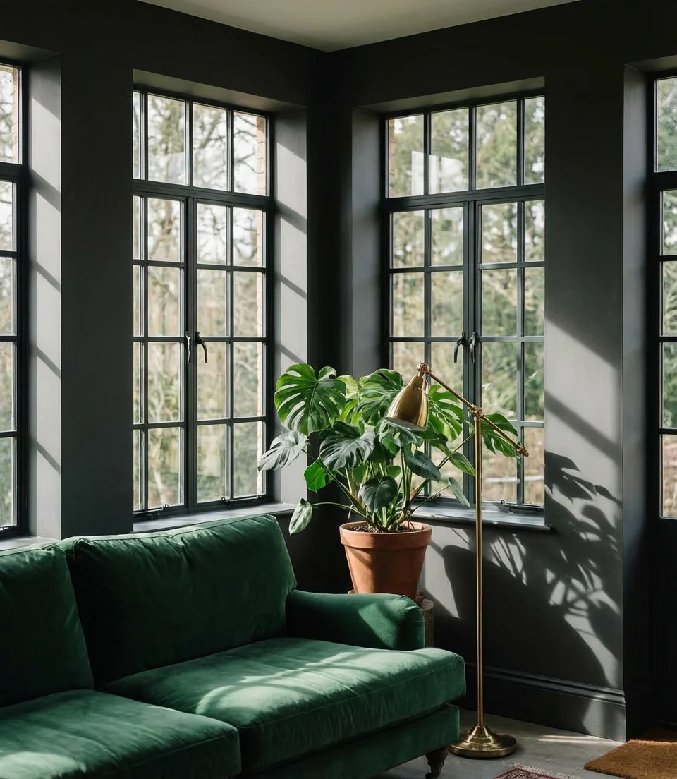 Moody Sunroom with Dark Walls and Dramatic Lighting 1