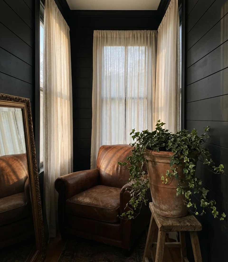 Moody Sunroom with Dark Walls and Dramatic Lighting 2