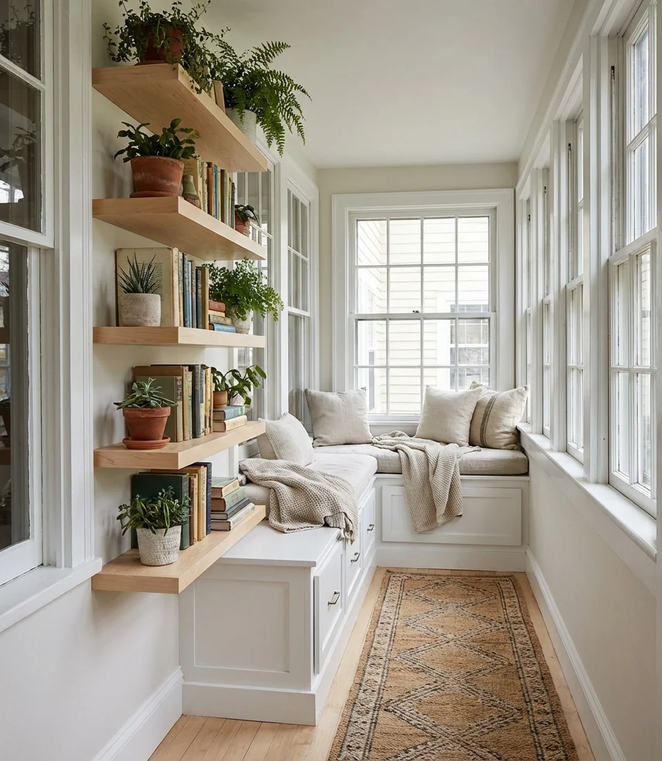 Narrow Sunroom with Built-In Benches and Vertical Storage 1