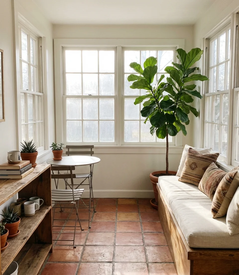Narrow Sunroom with Built-In Benches and Vertical Storage 2