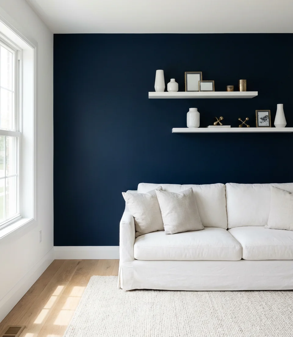 Navy Blue Accent Wall in a White Living Room 1