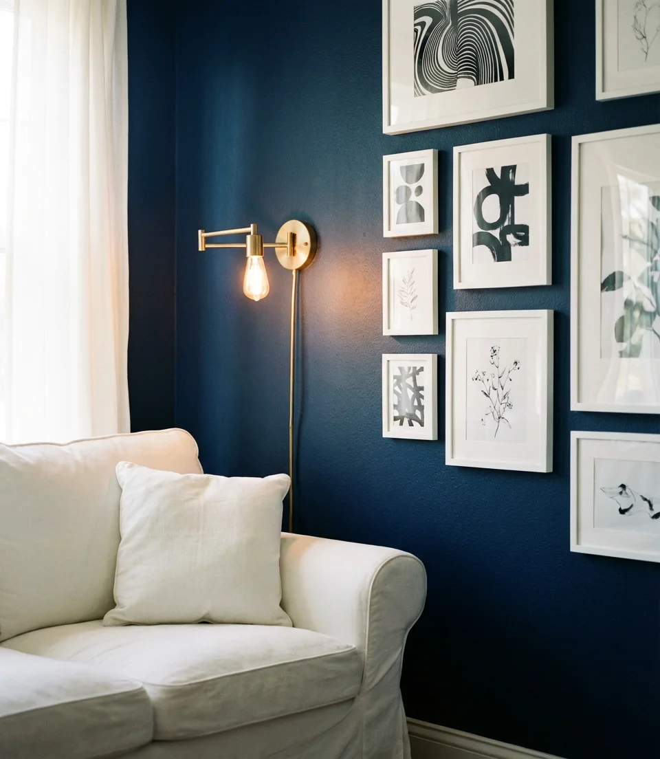 Navy Blue Accent Wall in a White Living Room 2