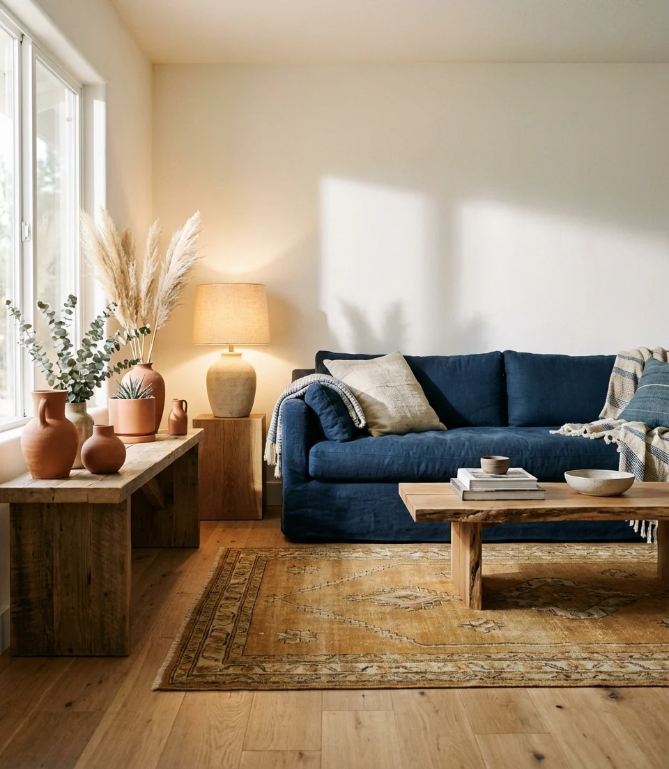 Navy Blue Sofa With Earthy Warm Tones 1