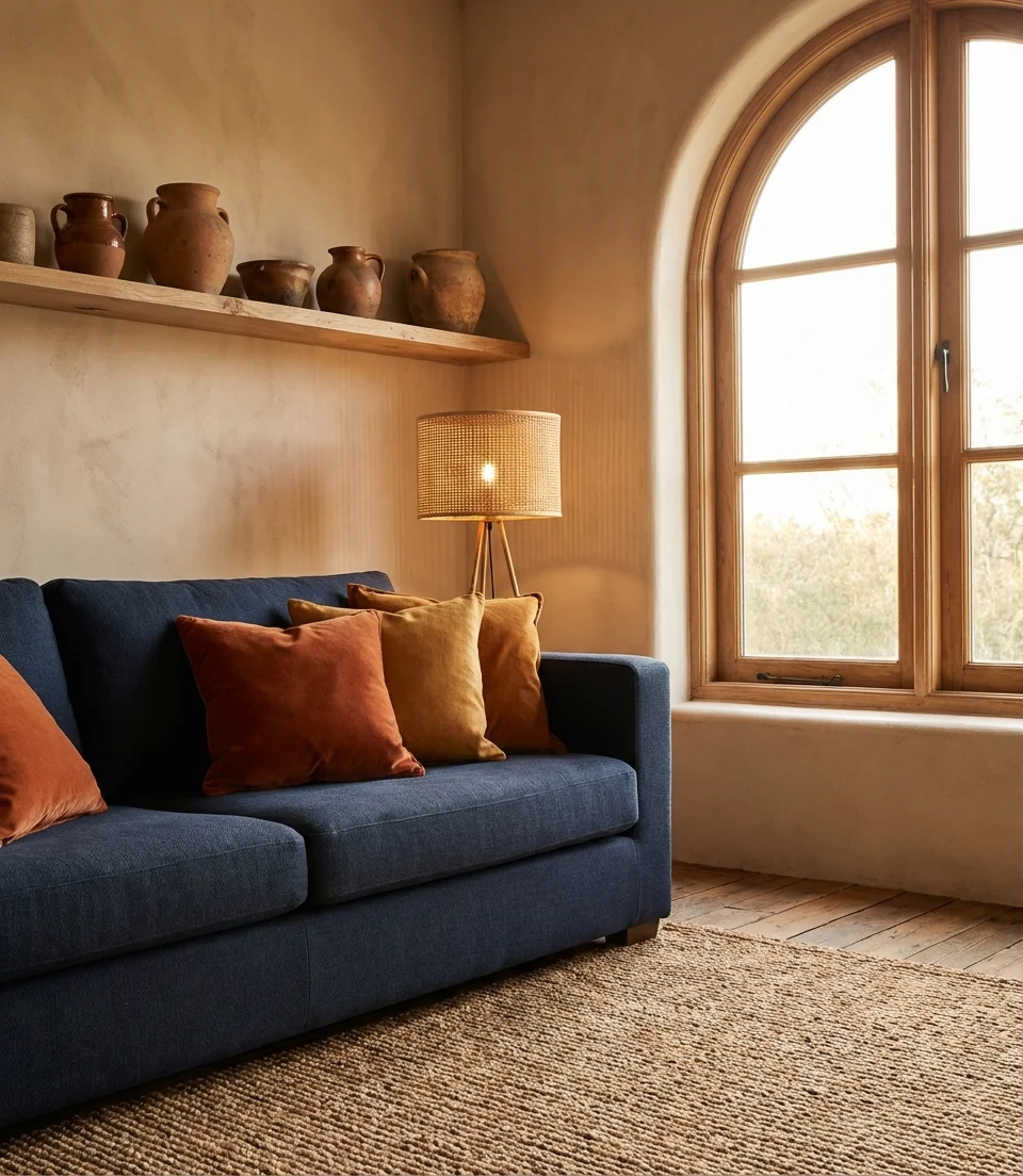 Navy Blue Sofa With Earthy Warm Tones 2
