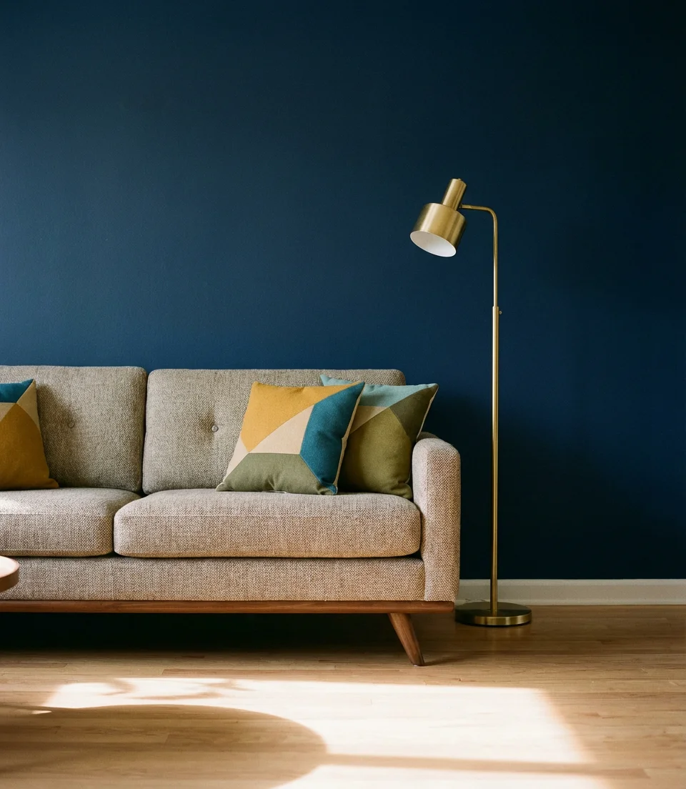 Navy Blue Wall Anchoring a Mid-Century Sofa 1