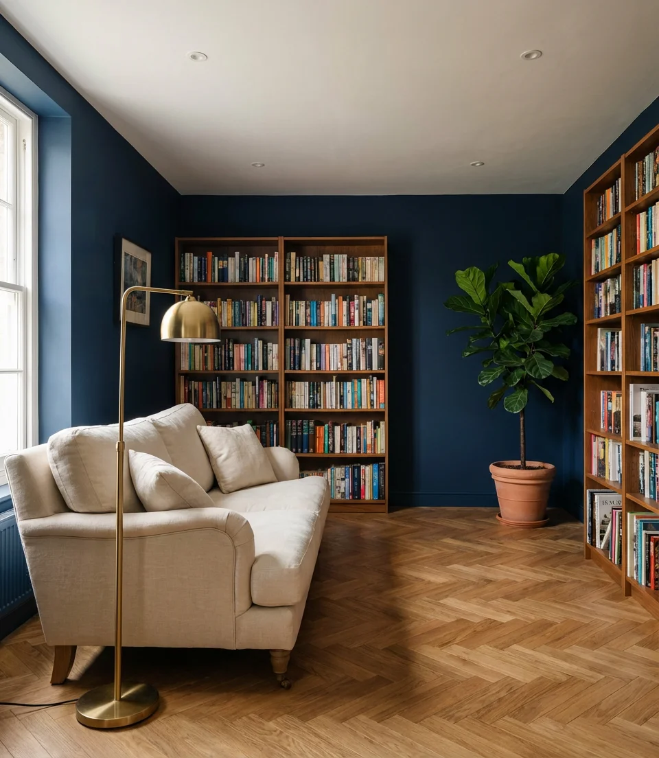 Navy Blue Walls With a Cream Couch 1