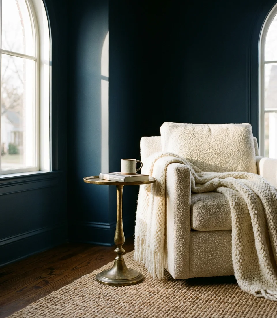 Navy Blue Walls With a Cream Couch 2