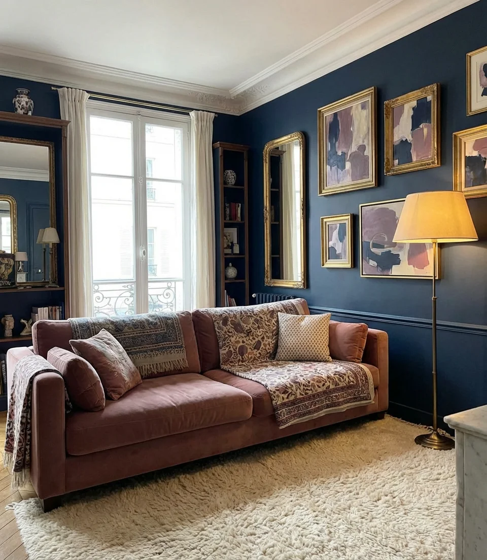 Navy Blue and Pink Chic Feminine Living Room 1