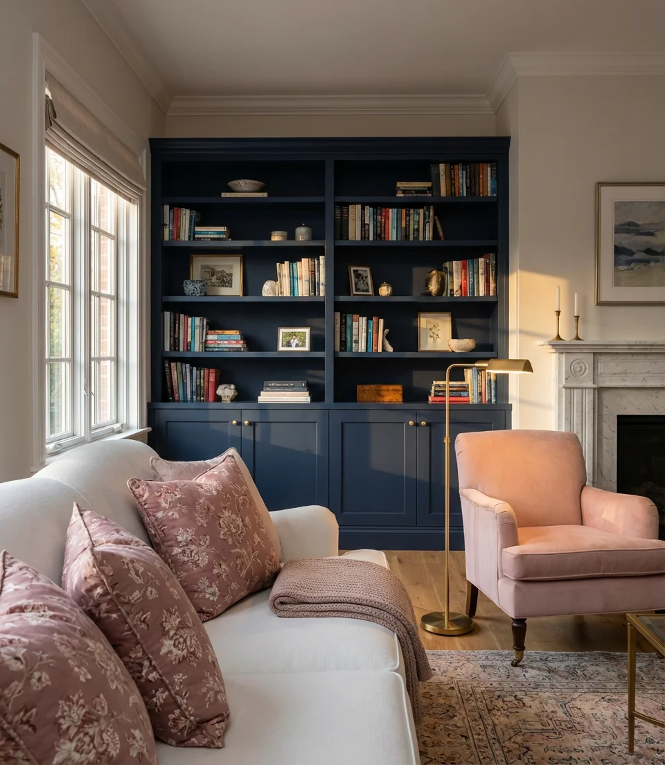 Navy Blue and Pink Chic Feminine Living Room 2