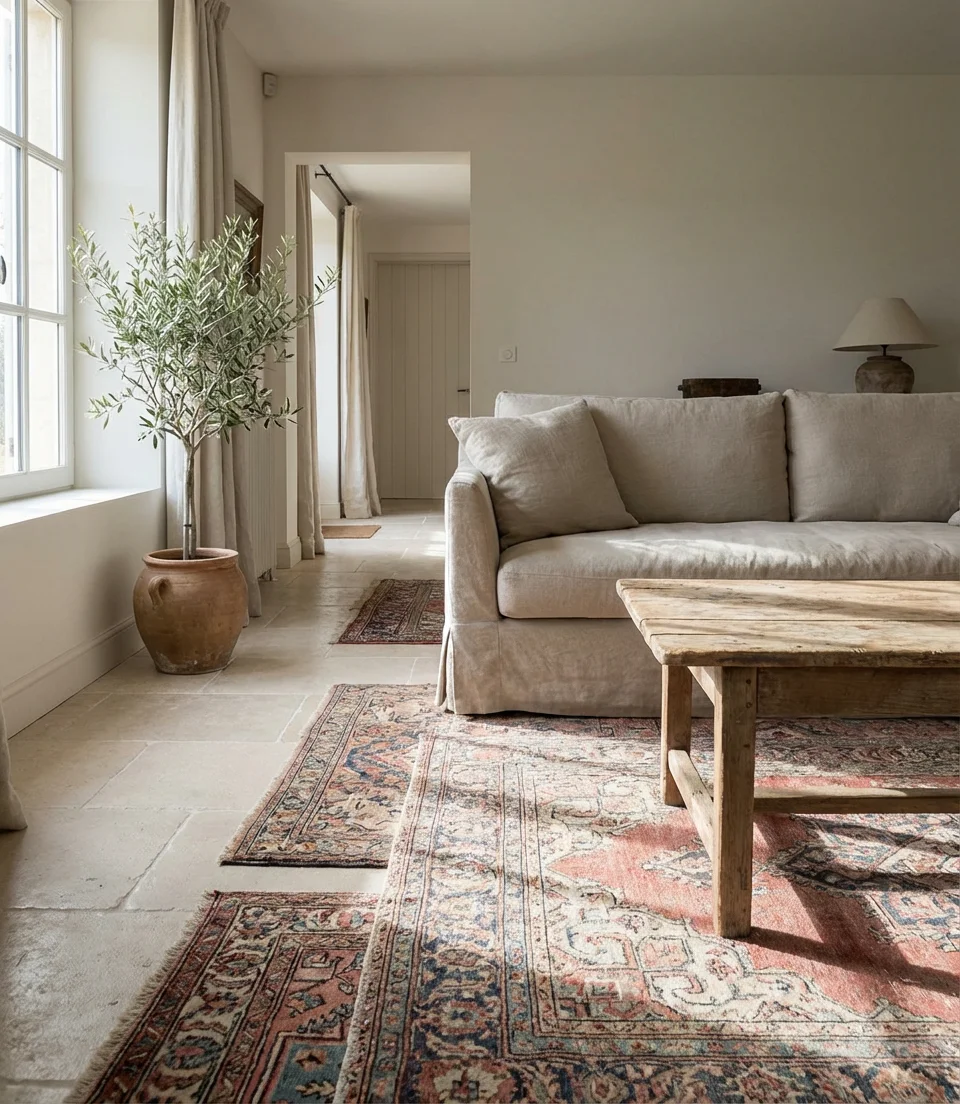 Neutral Stone Flooring with Layered Vintage Rugs 1
