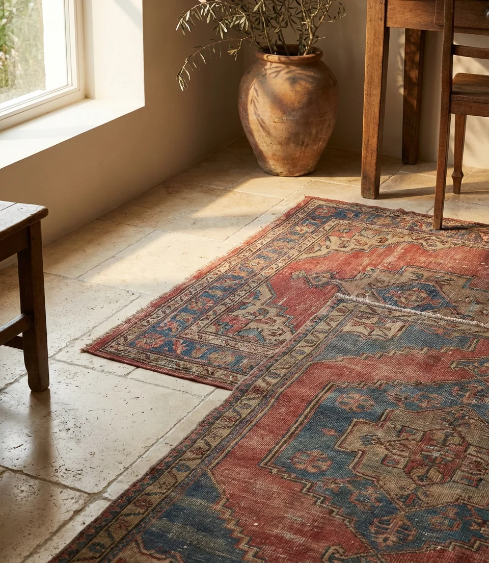Neutral Stone Flooring with Layered Vintage Rugs 2
