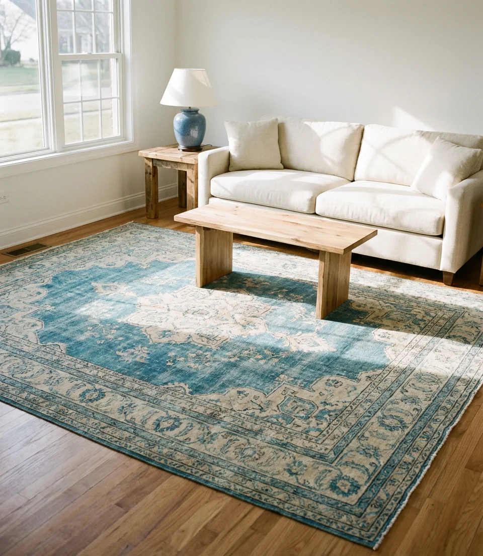 Ocean Blue and Cream Rug-Anchored Room 1
