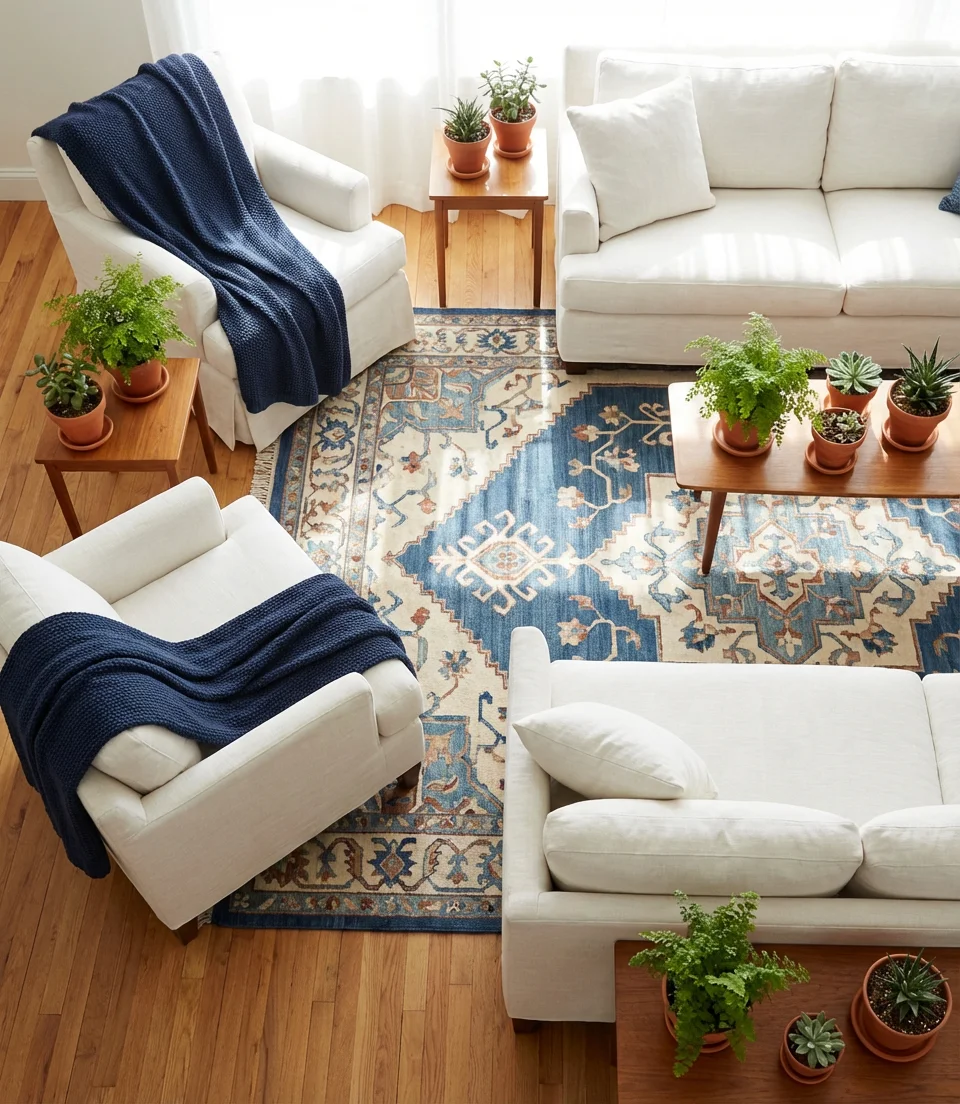 Ocean Blue and Cream Rug-Anchored Room 2